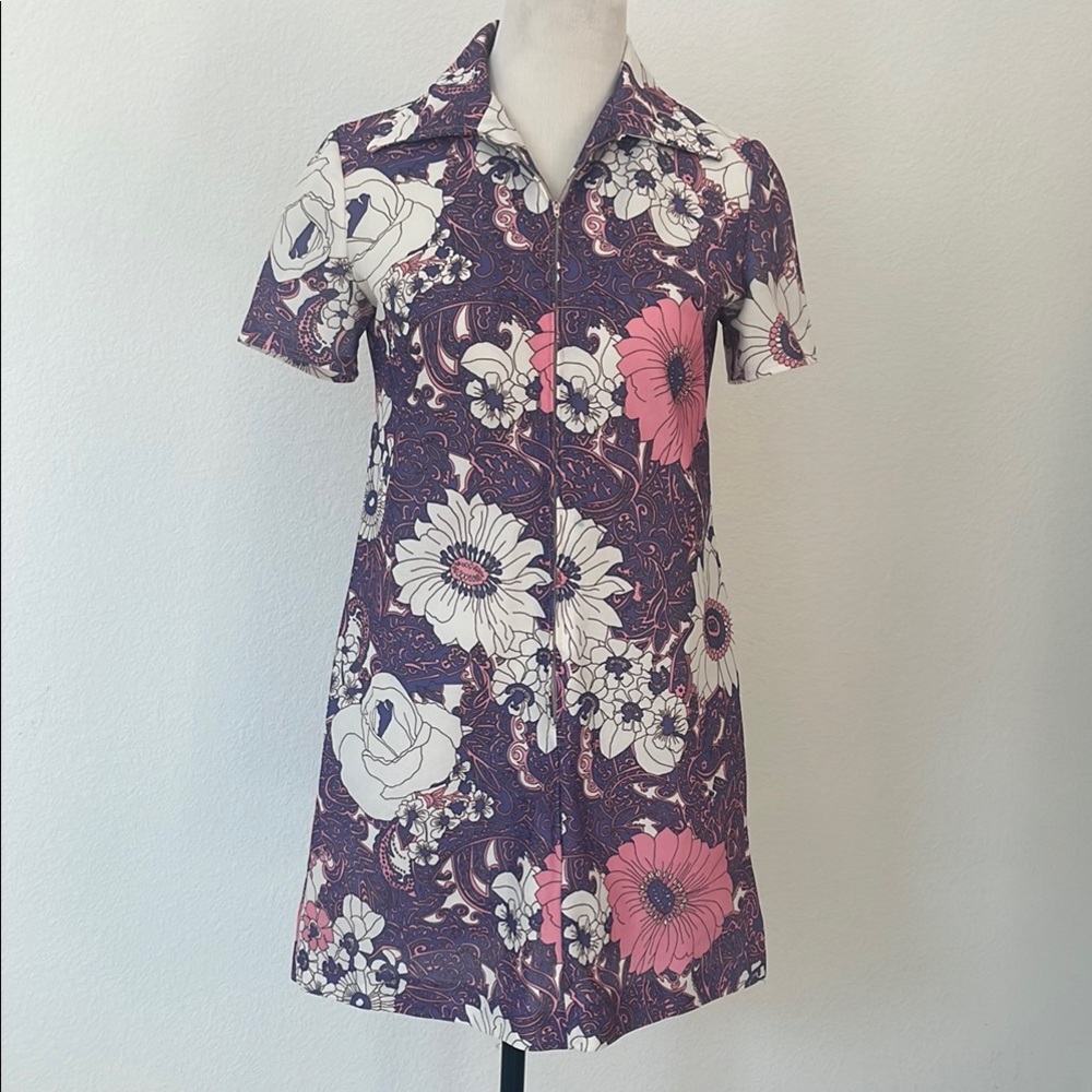 Vintage Handmade Pink and Purple Floral Short Sleeve Mini Dress